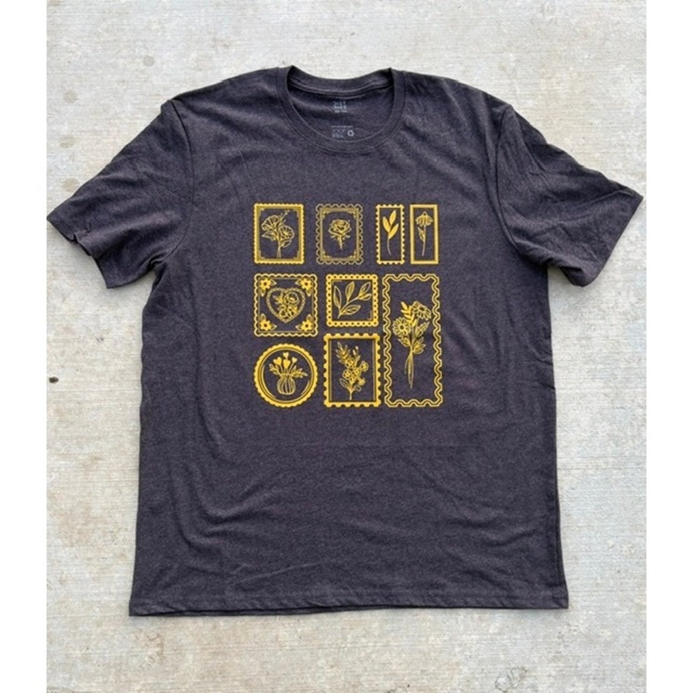 Yellow Floral Stamp Print Graphic Tee Heathered Brown XL